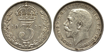 Великобритания 3 пенса 1912 Георг V (1910-1936) KM 813, Spink 4015 серебро 4528-432