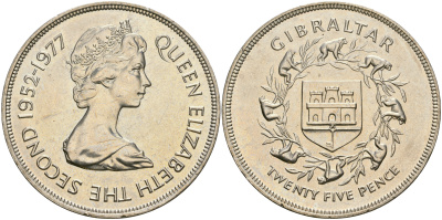 Гибралтар 25 пенсов 1977 25 лет правления Елизаветы II (1952-1977) KM 10 медно-никель UNC 4552-1111