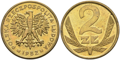 Польша 2 злотых 1982 MW, Народная Республика KM 80.1, Parchimowicz 217i латунь UNC 4580-745