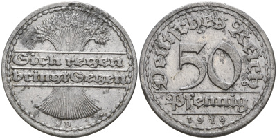 Германия 50 пфеннигов 1919 D   KM 27,  J. 301 алюминий    4153-522
