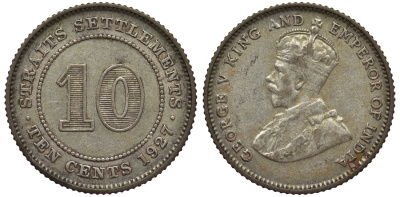 Стрейтс-Сетлментс 10 центов 1927 Георг V (1910-1936) КМ 29b серебро 53-645