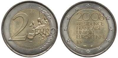 Франция 2 евро 2008 председательство в ЕС KM 1459 биметалл 3856-646