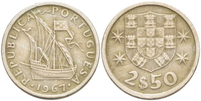 ПОРТУГАЛИЯ 2,5 ЭСКУДО 1967 ПАРУСНИК KM 590 медно-никель 4523-1047