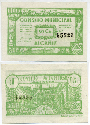 ИСПАНИЯ 50 СЕНТИМО 1937 АЛЬКАНЬИС ПРОВИНЦИЯ бумага UNC (ПРЕСС) 7484-11-1-2