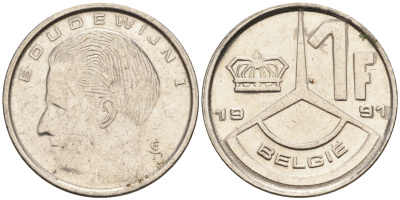 Бельгия 1 франк 1991 Belgie KM 171 железо плакированное никелем 4594-652