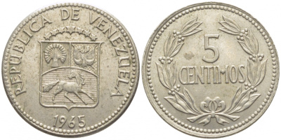 Венесуэла 5 сентимо 1965 KM 38 медно-никель 112-312