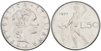 Италия 50 лир 1977 R, бог огня Вулкан у наковальни KM 95.1 нержавеющая сталь 259-134