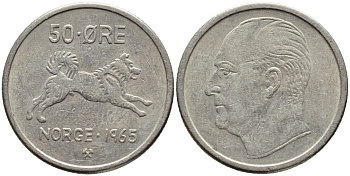 Норвегия 50 эре 1965 Улаф V (1957-1991), собака KM 408 медно-никель 93-447