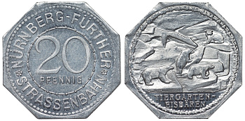 Германия, Нюрнберг - Фюрт 20 пфеннигов ND трамвайный жетон, зоопарк, белые медведи алюминий UNC 4119-727