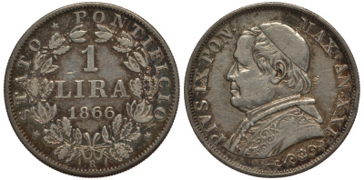 Ватикан 1 лира 1866 R, год XXI, папа Пий IX (1846-1878) , большая голова, орнамент под бюстом KM 1378 (С188а) серебро 1521-1332