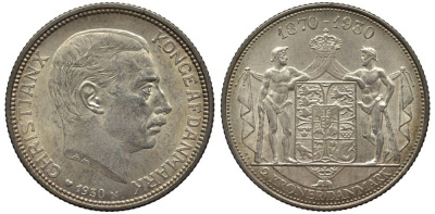 Дания 2 кроны 1930 N; AH, 60 лет королю Кристиану X (1870-1930) KM 829 серебро 69-421