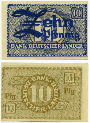 ФРГ 10 ПФЕННИГОВ 1948 BANK DEUTSCHER LANDER Pick 12a, Rosenberg 251а бумага аUNC 8613-11-3-2