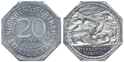 Германия, Нюрнберг - Фюрт 20 пфеннигов ND трамвайный жетон, зоопарк, белые медведи алюминий UNC 4119-727