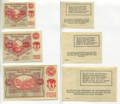 Австрия набор из 3 банкнот 1920 15 мая 1920, нотгельд, 10, 20, 50 геллеров, SEFTENBERG, первый выпуск   бумага  XF 7555-5-1-2