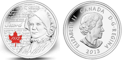 Канада 25 центов 2013 серия герои Канады в войне 1812-1815, Лора Секорд, эмаль KM 1700 а никелированная сталь UNC M47-08