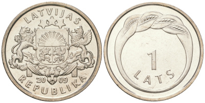 Латвия 1 лат 2009 именное кольцо KM 101 медно-никель UNC M5-01