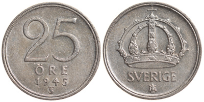Швеция 25 эре 1945 TS, Густав V (1907-1950) KM 816 серебро 4179-862