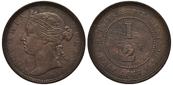 Стрейтс-Сетлментс 1/2 цента 1872 Н Виктория (1837-1901), монетный тип KM 8 медь 1523-331