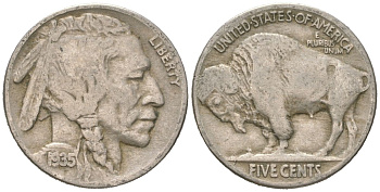 США 5 центов 1935 индеец, бизон KM 134 медно-никель 4614-1156