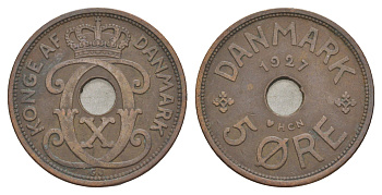 Дания 5 эре 1927 HCN, Кристиан X (1912-1947) KM 828 бронза 4638-554
