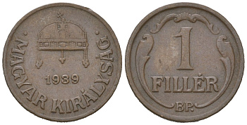 Венгрия 1 филлер 1939 BP, редкий год KM 505 бронза 4115-441