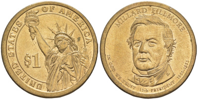 США 1 доллар 2010 P, Президент США - Миллард Филлмор (1850-1853) KM 475 медь с марганцево-латунным покрытием UNC 4629-253