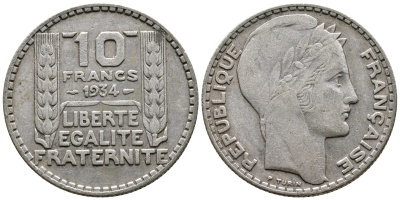 Франция 10 франков 1931 Пьер Тюрен KM 878, Le Franc 360.4 серебро 79-1415