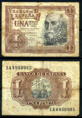 Испания 1 песета 1953 22 июля 1953, Мигель де Санта Круз Pick 144а бумага 7207-39-1-2