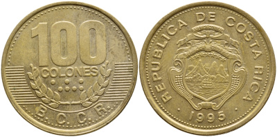 КОСТА-РИКА 100 КОЛОН 1995 B.C.C.R., ГОД ТИП KM 230 сталь плакированная латунью 63-747