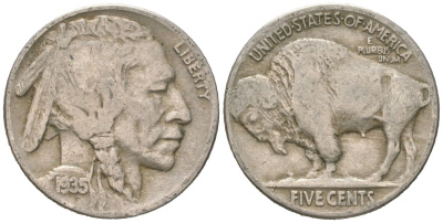 США 5 центов 1935 индеец, бизон KM 134 медно-никель 4614-1156