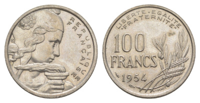 Франция 100 франков 1954 KM 919 медно-никель 4629-1014