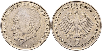 ФРГ 2 марки 1970 D, Конрад Аденауэр, 20 лет Федеративной Республике (1949-1969) KM 124, J. 406 медно-никель плакированный никелем 4139-132
