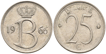 БЕЛЬГИЯ 25 САНТИМОВ 1966 BELGIQUE KM 153.1 медно-никель 4564-137