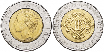 ИТАЛИЯ 500 ЛИР 1993 R 100 ЛЕТ БАНКУ ИТАЛИИ, ГОД ТИП KM 160 биметалл UNC 175-1013