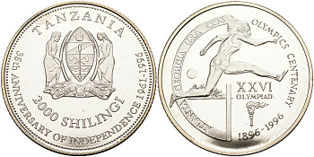 Танзания 2000 шиллингов 1996 XXVI Олимпийские игры 1996 года в Атланте, 100 лет Олимпийскому движению, бег с барьерами, пробник, рубчатый гурт серебро PROOF 06-135-45