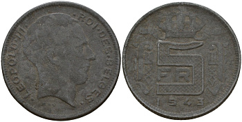 Бельгия 5 франков 1943 DES BELGES, Леопольд III (1934-1947) KM 130 цинк 4161-937