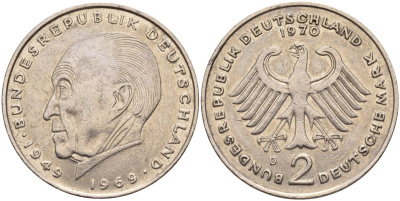 ФРГ 2 марки 1970 D, Конрад Аденауэр, 20 лет Федеративной Республике (1949-1969) KM 124, J. 406 медно-никель плакированный никелем 4139-132