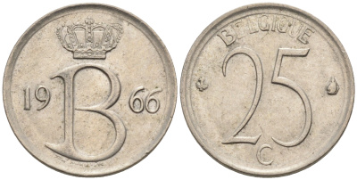 БЕЛЬГИЯ 25 САНТИМОВ 1966 BELGIQUE KM 153.1 медно-никель 4564-137