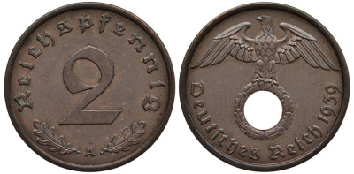 ГЕРМАНИЯ 2 РЕЙХСПФЕННИГА 1939 A KM 90, Jager 362 бронза 4546-914