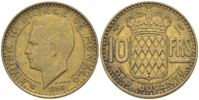 Монако 10 франков 1950 Ренье III (1949-2005) KM 130 алюминиевая бронза 3309-968