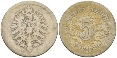 ГЕРМАНИЯ 5 ПФЕННИГОВ 1875 J, СТАРОГЕРБОВКА KM 3, J. 3, Weege 5 медно-никель 206-1055