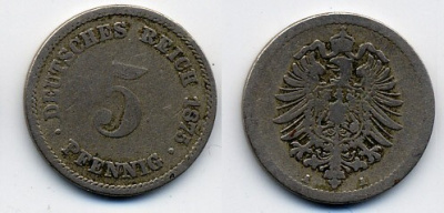 ГЕРМАНИЯ 5 ПФЕННИГОВ 1875 A, СТАРОГЕРБОВКА KM 3, J.3 медно-никель 46-368