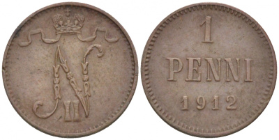 Россия для Финляндии 1 пенни 1912 Николай II (1894-1917) KM 13, Биткин 472 медь 4396-1364