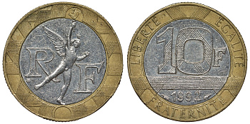 Франция 10 франков 1992 тип гений Бастилии KM 964.1, Le Frank 375.8 биметалл 4128-525