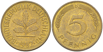 ФРГ 5 ПФЕННИГОВ 1982 D KM 107, J. 382 сталь плакированная латунью 4181-1014