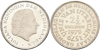 Нидерланды 2 1/2 гульдена 1979 400 лет Утрехтскому союзу, Юлиана (1949-1980) KM 197 никель 4593-624