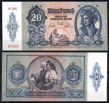 Венгрия 20 пенго (пенге) 1941 девушка в традиционном костюме Pick 109 бумага UNC (пресс) 7457-18-1-2
