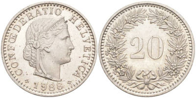 ШВЕЙЦАРИЯ 20 РАППЕНОВ 1988 В KM 29a медно-никель 55-1031