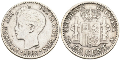 Испания 50 сентимо 1900 SM-V, АЛЬФОНСО XIII (1886-1931) KM 705 серебро 4567-446