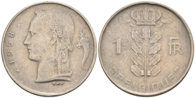 БЕЛЬГИЯ 1 ФРАНК 1958 BELGIQUE KM 142.1 медно-никель 4563-1226